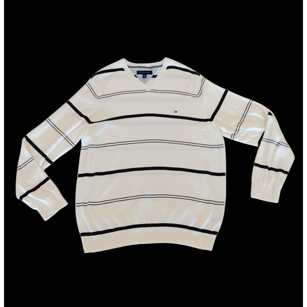 TOMMY HILFIGER Sweater Mens 2XL White and Black Striped V-Neck Pullover Classic